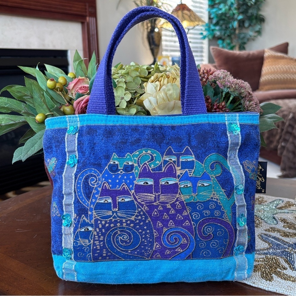 Laurel Burch Indigo Blue Cats Tote Bag Sequin Embellished Top Zip Kitty Purse